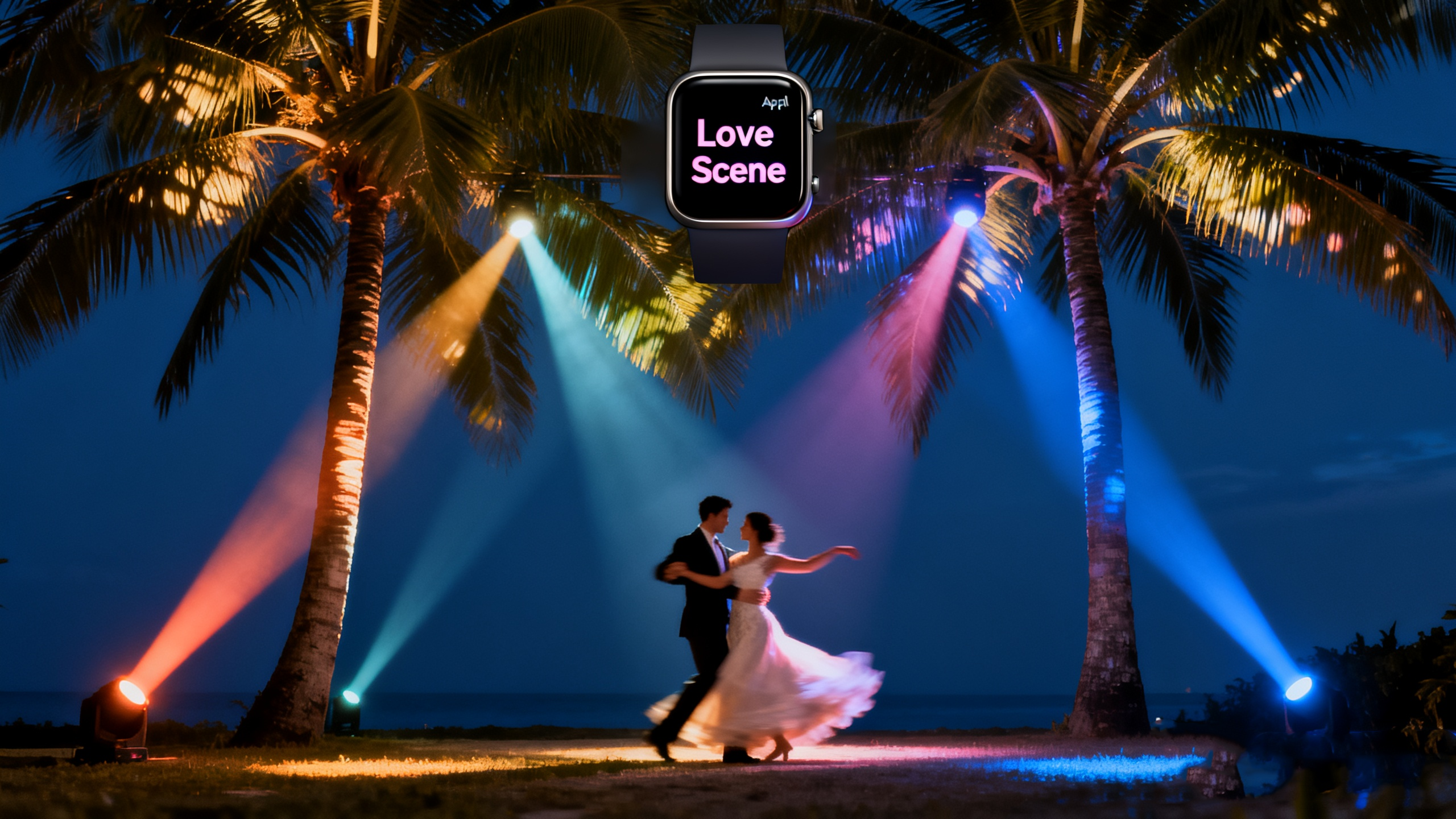 jimeng-2025-10-16-4328-夜幕花园，四束彩色光从地面射向棕榈树冠，中央新人起舞，Apple Watch表盘...